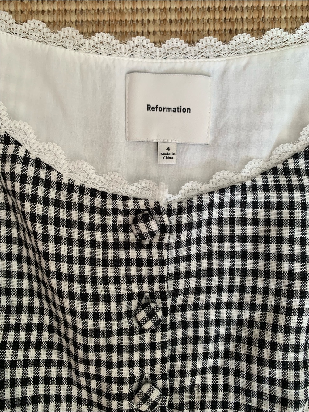 Reformation Amela Linen Gingham Button Lace Trim Sleeveless Top Remy Check Black - Picture 7 of 10